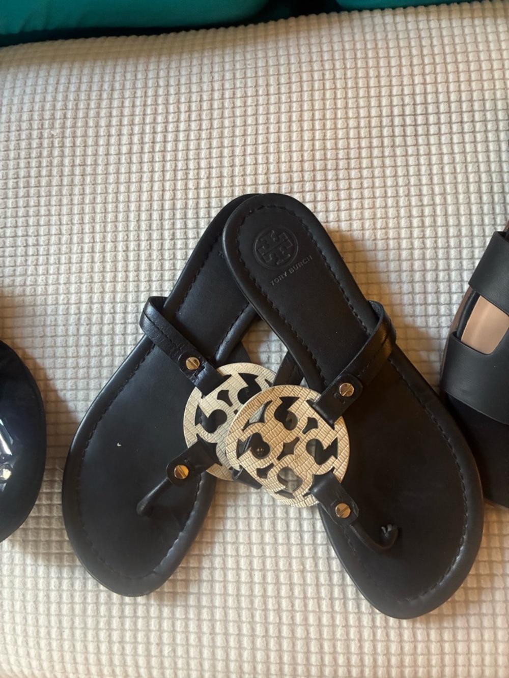 Tory Burch Black Sandals with Silver Logo Medallions